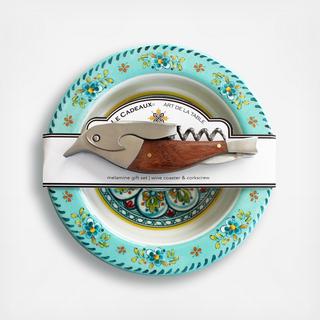 Madrid Melamine Wine Coaster & Wood Corkscrew Gift Set
