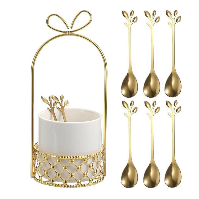 ELLDOO Coffee Spoon Set, White Ceramic Holder with 8 Stainless Steel Gold Leaf Coffee Spoons, Creative Flatware Set for Stirring, Mixing, Sugar, Ice Cream, Cake (8 x Spoons)