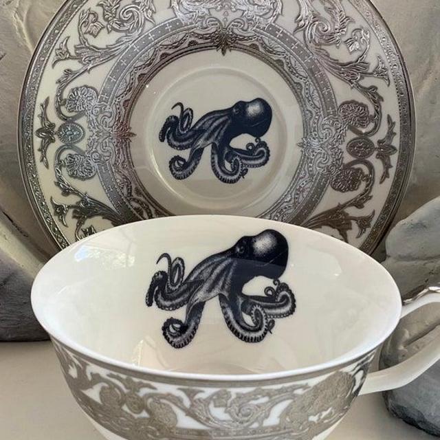 Stunning Raised Silver Octopus Plate (10.5" or 7.5") or Teacup/Saucer Set (8 oz), Durable and Foodsafe