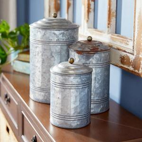 Costillo 3 Piece Gray Metal Decorative Jars with Lids Set, 12", 9", 8"H - 15.35" H x 14.96" W x 14.96" D