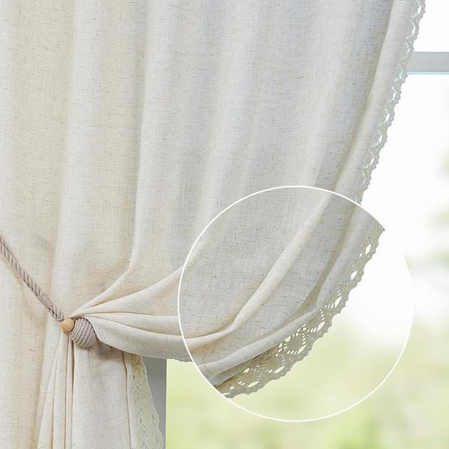 jinchan Linen Beige Curtains 84 Inch Length 2 Panels Curtains with Lace Trim for Living Room Rustic Farmhouse Curtains Rod Pocket Back Tab Light Filtering Curtains Bedroom Window Curtain Set