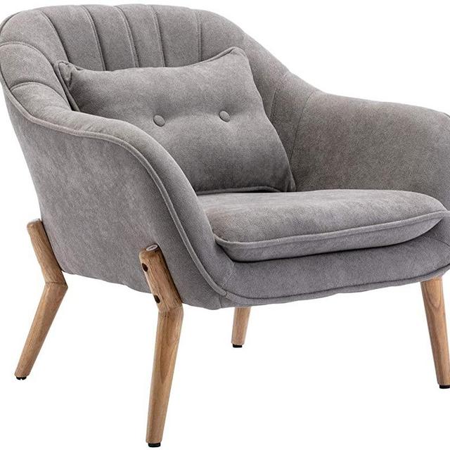 Guyou Wood Upholstered Armchair Accent Chair with Lumbar Cushion, Leisure Padded Seat Single Sofa Living Room Lounge Chair, Grey Linen