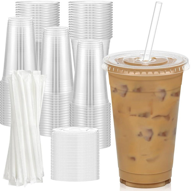 Dealusy 100 Pack - 20 oz Clear Plastic Cups with Lids and Straws, Sturdy & Food Safe Iced Coffee Cups with lids, Iced Coffee Cup, Disposable Cups Plastic Coffee Cups Smoothie Cups for Cold Drinks