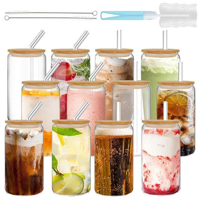 GIVAMEIHF Drinking Glasses with Bamboo Lids and Glass Straw 12pcs Set-16oz Can Shaped Glass Cups,Beer Can Glasses,Iced Coffee Glasses,Cute Tumbler Cup,Soda,Ideal for Cocktail,Whiskey,Gift