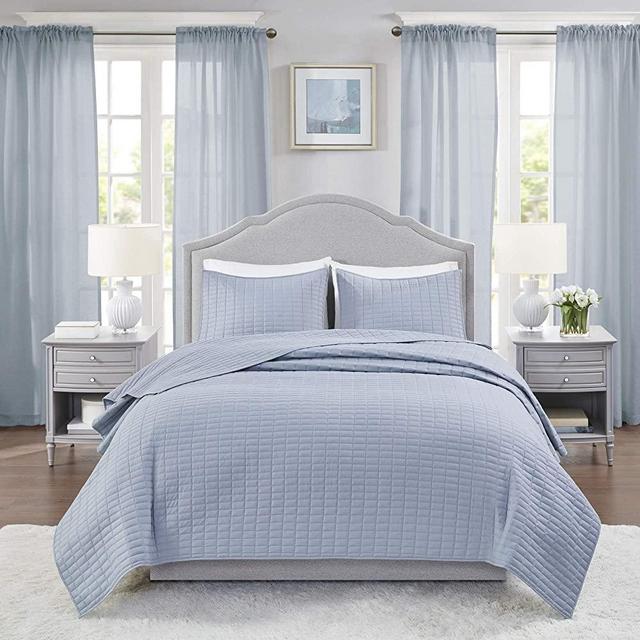Comfort Spaces Kienna Quilt Set-Luxury Double Sided Stitching Design All Season, Lightweight, Coverlet Bedspread Bedding, Matching Shams, Full/Queen(90"x90"), Blue 3 Piece
