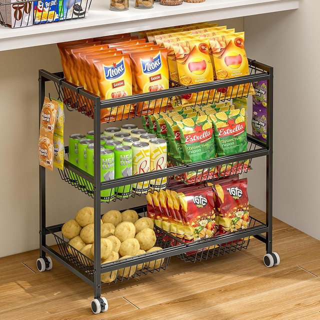 3-Tier Rolling Pantry Floor Organizer Cart with 6 Detachable Baskets, Metal Wire Fruit Basket Stand with Wheels, Kitchen Storage Cart for Fruit Vegetables, Snack Cart for Pantry Kitchen Living Room