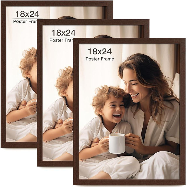 FinalFind 18x24 Picture Frame Set of 3, Dark Brown Wood Grain 18x24 Frames for Horizontal and Vertical Wall Mounting (3 pack,Walnut)