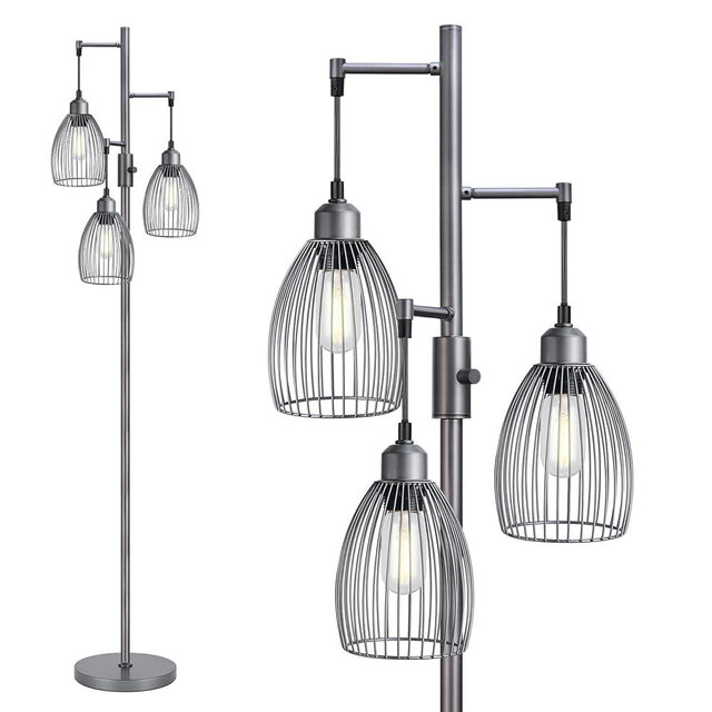 Torondo Dimmable Industrial Floor Lamps for Living Room, Gray Tree Standing Tall Lamps with 3 Elegant Teardrop Cage Head & 800 Lumens LED Bulbs for Bedroom Office