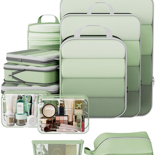 Veken 11 Set Compression Packing Cubes for Travel Essentials,Compressible Expandable Large Luggage Suitcase Organizer Bags for Clothing,Durable Space Saver Storage Bags(Matcha Green)