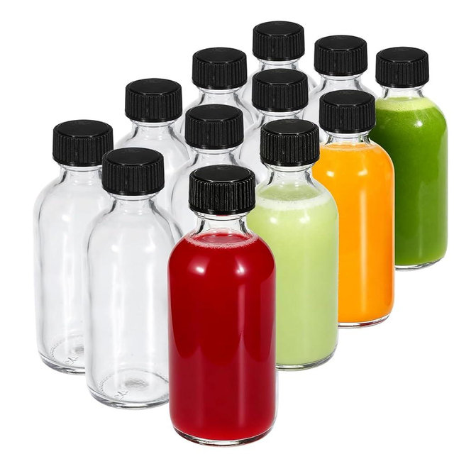 JohnBee 12-Pack 2 oz (60ml) Small Glass Boston Round Bottles with Lids - Leak-Proof Mini Travel Containers for Ginger Shots, Juice, Whiskey, Samples | W/Labels, Funnels & Brushes