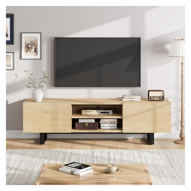 Industrial TV Stand for 80 Inch, Modern Entertainment Center with 2 Drawers, Wooden Media Cabinet with Heavy Duty Leg and Open Storage, Wood Color