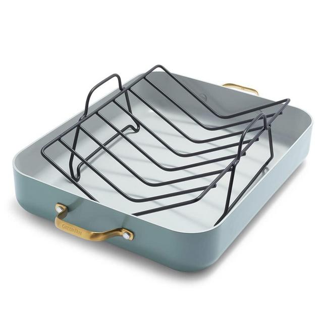 GreenPan Reserve Hard Anodized Healthy Ceramic Nonstick 16" x 13" Roasting Pan with Stainless Steel Roaster Rack, Gold Handles, PFAS-Free, Dishwasher Safe, Oven Safe, Smokey Blue