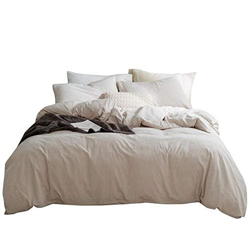 mixinni Luxury Solid Color 3 Pieces Beige Duvet Cover Set Queen 100% Natural Washed Cotton 1 Duvet Cover 2 Pillowcases Hotel Quality Soft Breathable Hypoallergenic Zipper Ties-(Full/Queen, Beige)