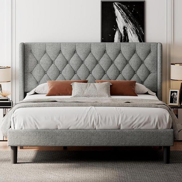 Feonase King Bed Frame with Wingback, Upholstered Platform Bed with Diamond Tufted Headboard, Heavy Duty Bed Frame, Wood Slat, Easy Assembly, Noise-Free, No Box Spring Needed, Light Gray