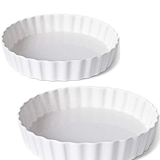 Delling 9.5 inch Fluted Tart Pan, Ceramic Quiche Baking Dish Pan for Quiche Lorraine and Chicken Pot Pie, Round, White, Set of 2