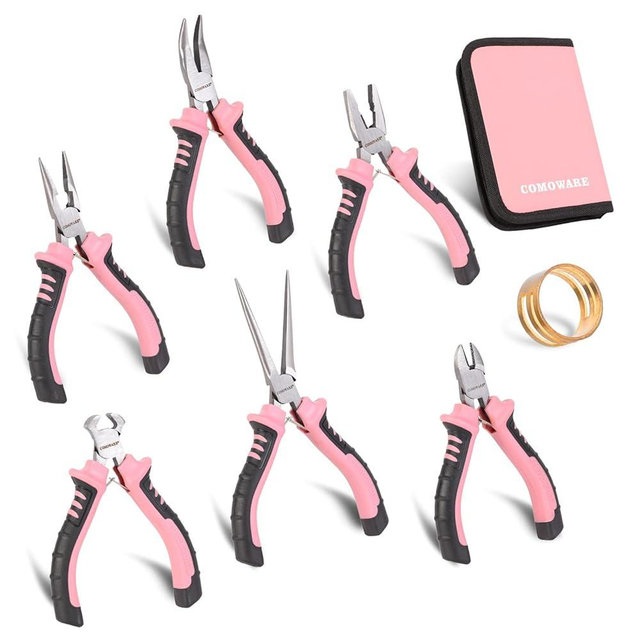 COMOWARE 6-Piece Mini Pliers Set, Needle Nose, Long Nose, Bent Nose, Diagonal, End Cutting and Linesman, for Crafts Work, Electronic Repair, with Pink Pouch
