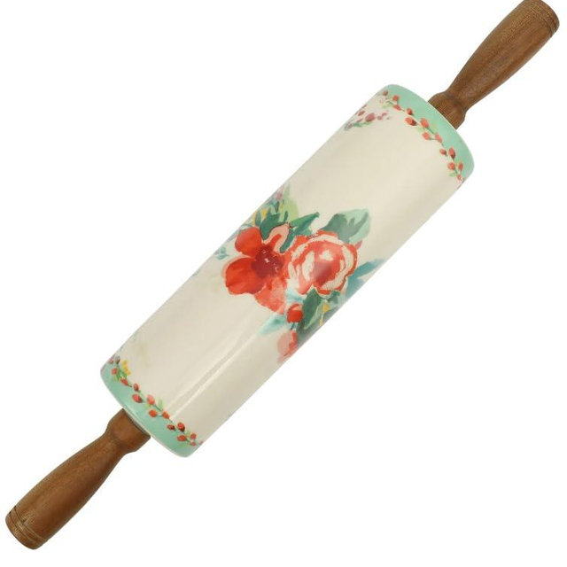 Pioneer Woman Ceramic Rolling Pin, Floral Design with Acacia Wood Handles