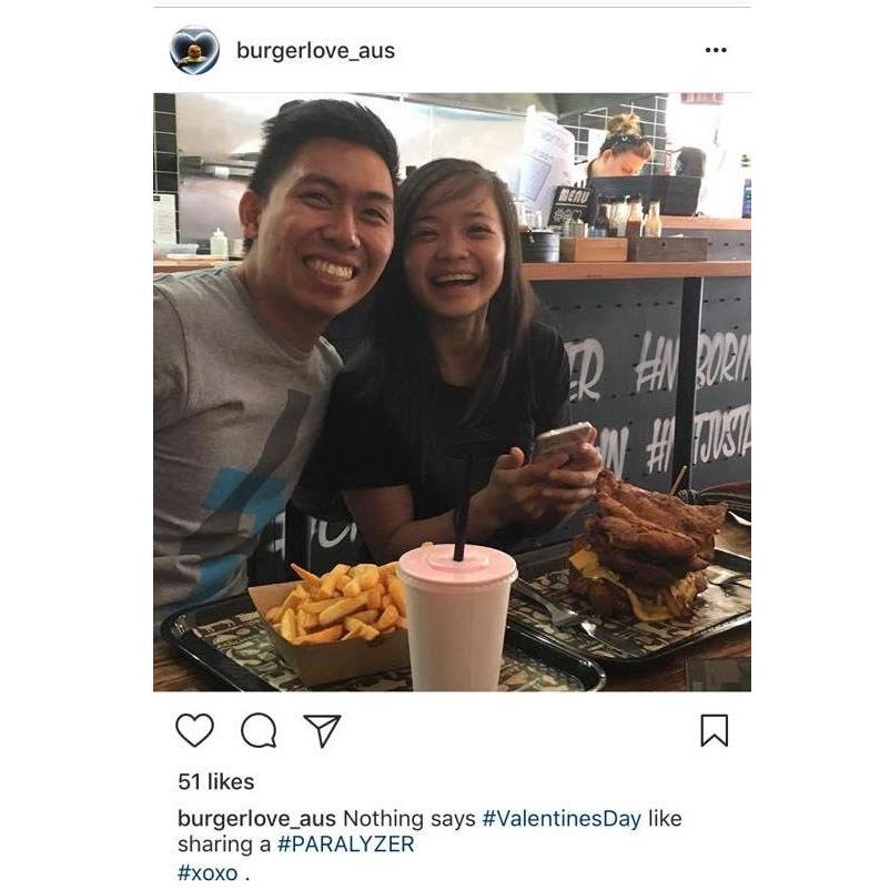 When Burgerlove Aus caught us in the act on Valentine's Day chowing down the PARALYZER burger... Yum.