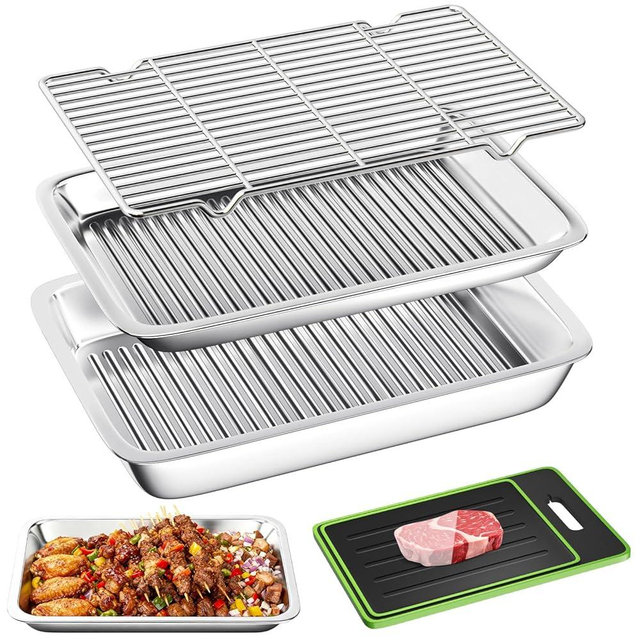 OdoVow Grilling Prep and Serving Trays, Stainless Steel Large Capacity Food Prep Tray, Grill Carry System, BBQ Deep Tray for Marinating Raw and Cooked Food, BBQ Food Prep Grill Set