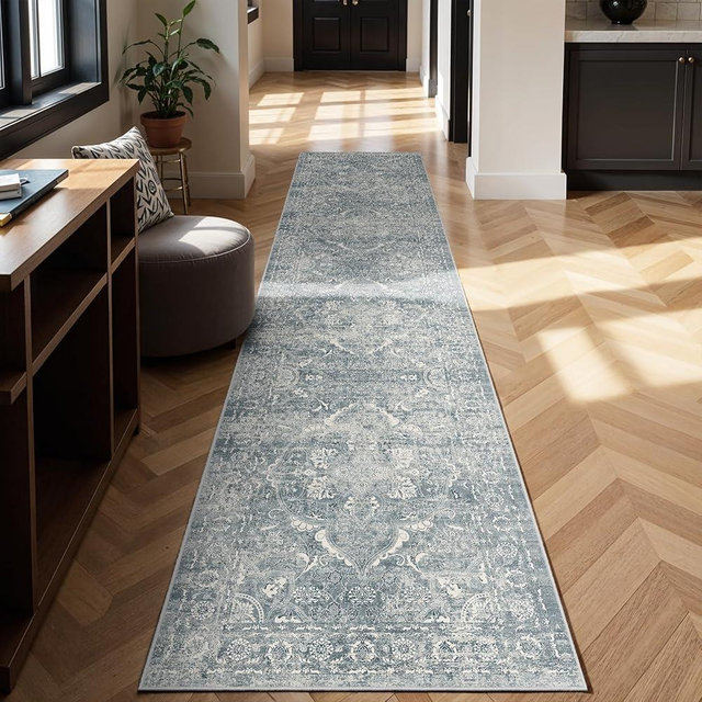 EISUROM Washable 3x14 Runner Rug - Non-Slip Vintage Runner Rug for Entryway Low-Pile Medallion Long Rugs for Hallway Waterproof Traditional Runner Rugs Indoor Thin Rug for Kitchen (Blue)