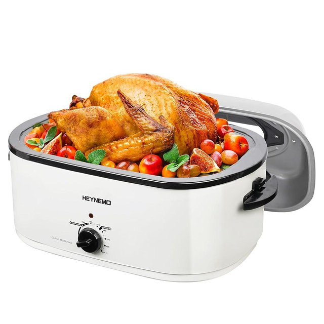 26 Quart Electric Roaster Oven with Visible & Self-Basting Lid, Large Turkey Defrost Warm Function, Adjustable Temperature, Removable Pan Rack, Stainless Steel, White