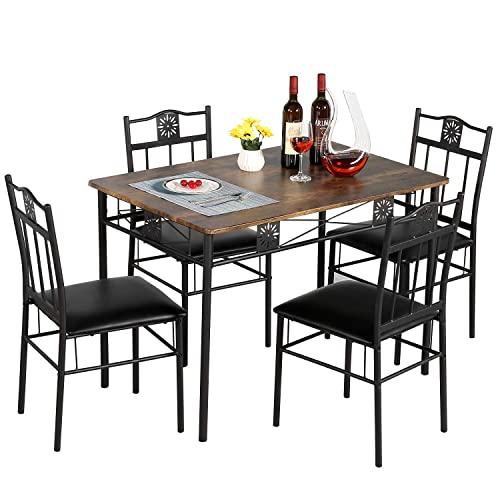 VECELO Dining Table Set with 4 Chairs, Retro Brown