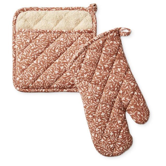 Natural Dye Block Print Oven Mitt & Potholder Set, Coral Red