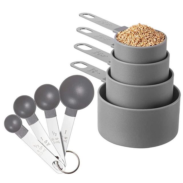 Measuring Cups and Spoons Set of Huygens 8 Pieces, Stackable Stainless Steel Handle Accurate Tablespoon for Measuring Dry and Liquid Ingredient (Gray)