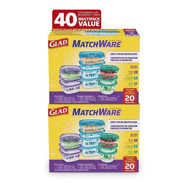 GladWare Matchware Food Storage Containers, Value Pack With Easy Color Match Lids, 20 Count Set | With Glad Lock Tight Seal, BPA Free Containers and Lids