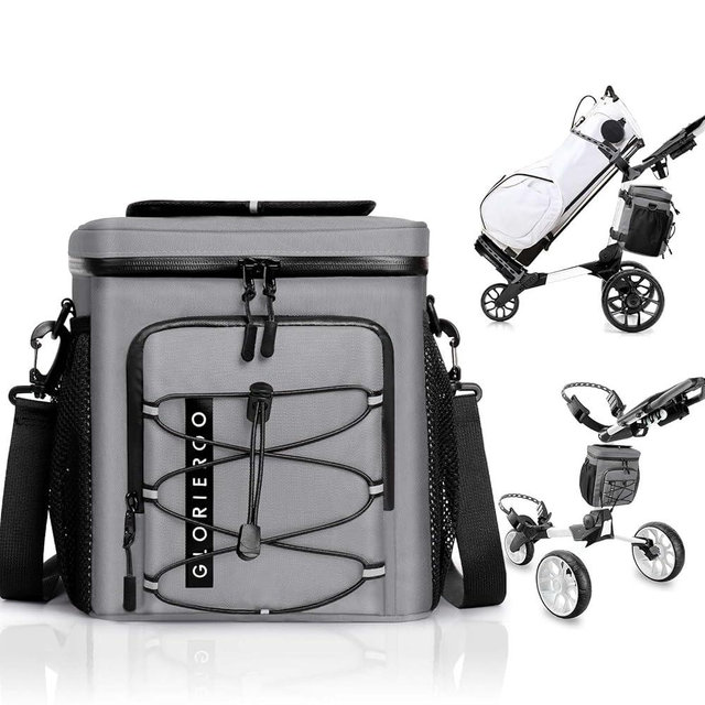 Golf Cart Cooler Bag Insulated - 12-Can Leakproof Soft Cooler Bag with Hook-and-Loop Lid, Waterproof Zippers, and Multi-Pockets for Accessories; Fits on Golf Push Cart