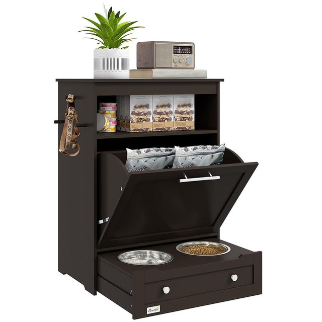 PawHut Dog Feeding Station with Storage, Pet Feeder Cabinet Container with Raised Bowls and Hanger for Feeding & Watering Supplies, Dog Food Organizer, Brown