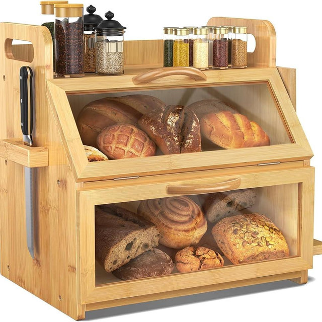 BAMBANG Extra Large Bread Box, Double Layer Bread Box for Homemade Bread, Bamboo Wooden Bread Storage Container with Tool Holder & Handles & Window, Assembly Required(14.9" x 11" x 15.3") Natural