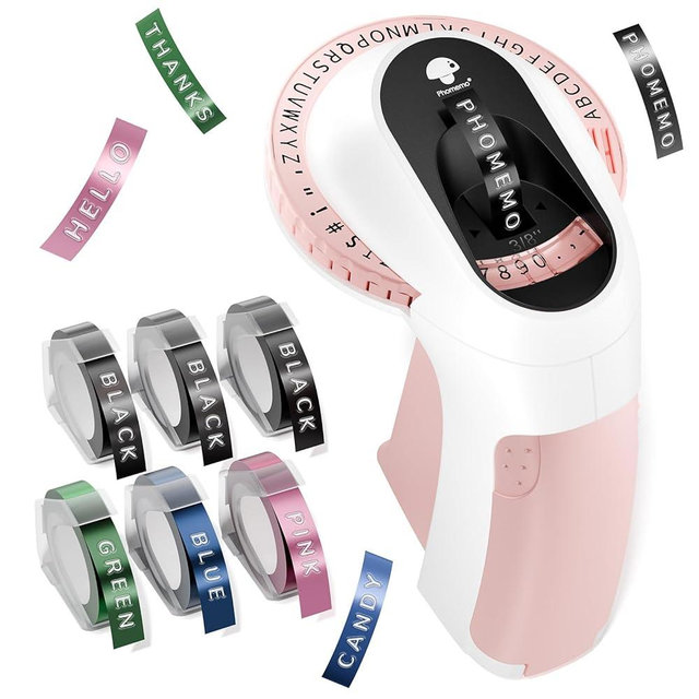 Phomemo Embossing Label Maker Machine, Retro Embossed Label Maker, Old School Embosser Labeler with 6 Rolls 3D Embossing Label Waterproof for Kid DIY Home School Supplies Office Organization, Pink