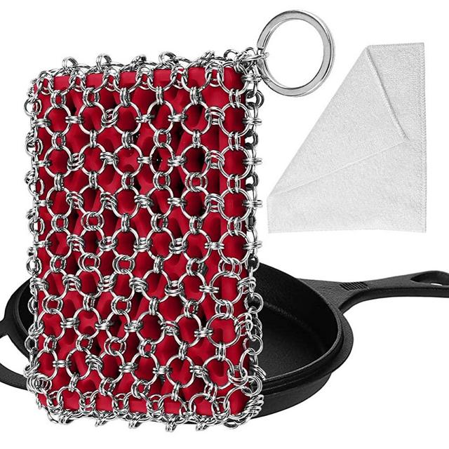 Herda Cast Iron Skillet Cleaner, Upgraded Chainmail Scrubber Chain Scrub for Cast Iron Pan 316 Stainless Steel Metal Scraper Brush for Cast Iron Wok Accessories Cleaning Sponge Tool Kit Cloth Set(Red)