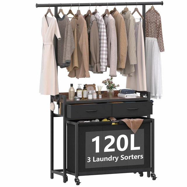 Laundry Sorter Hamper with Hanging Cloth Rack, Laundry Basket with 3 Section Pull-Out Rolling Bags, Laundry Sorter for Organization and Storage with 2 Drawers for Laundry Room (Vinatge Brown)