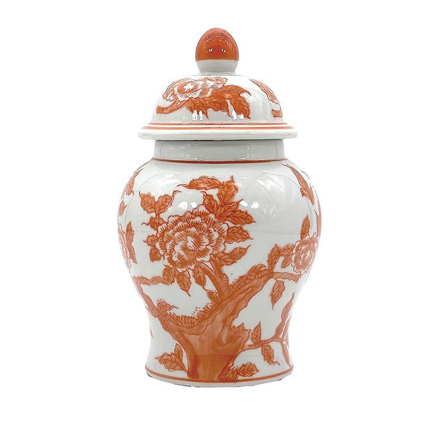 Galt International 8" Ceramic Ginger Jar with Lid - Tea Storage, Decorative, Home Decor Jar (Orange & White)