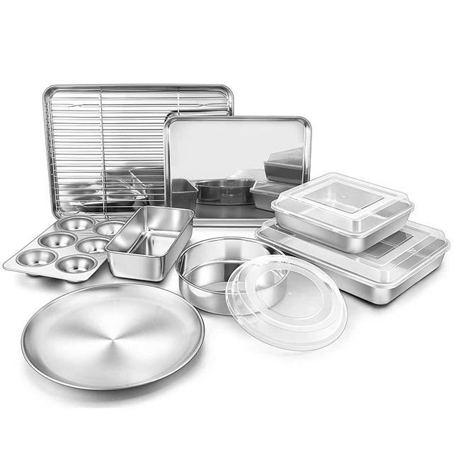 TeamFar Bakeware, Stainless Steel Bakeware Sets with lids, Baking Sheet with Rack, Toaster Oven Pan & Pizza Pan, Lasagna Pan with Lids, Square & Round Cake Pan with Lids, Muffin & Loaf Pan, Healthy