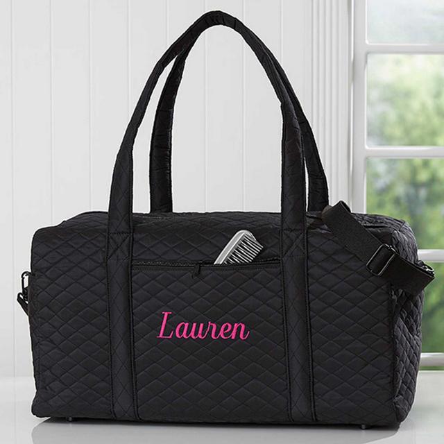 Embroidered Quilted Duffel Bag in Black