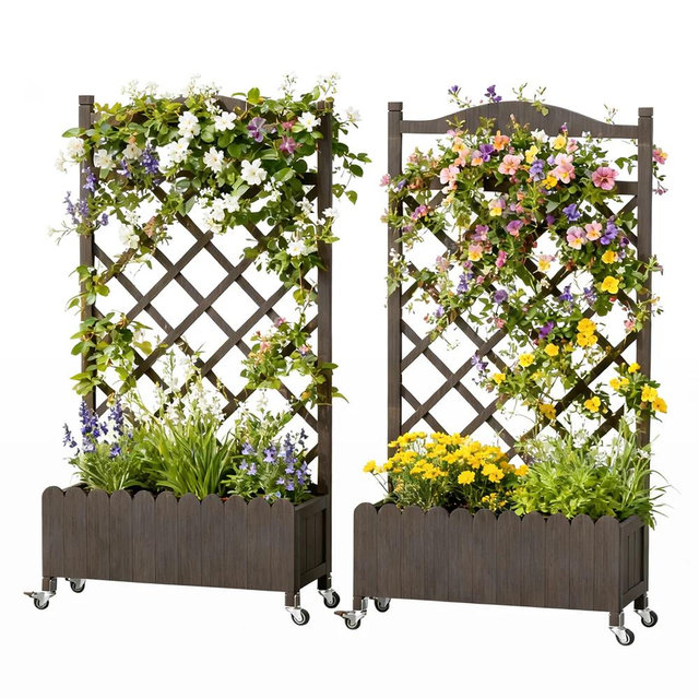 COMHOMA 2x1x4 FT Elevated Garden Bed with Trellis and Wheels for Climbing Plants, Wood, OT-GD01 - Brown (2 Pack)