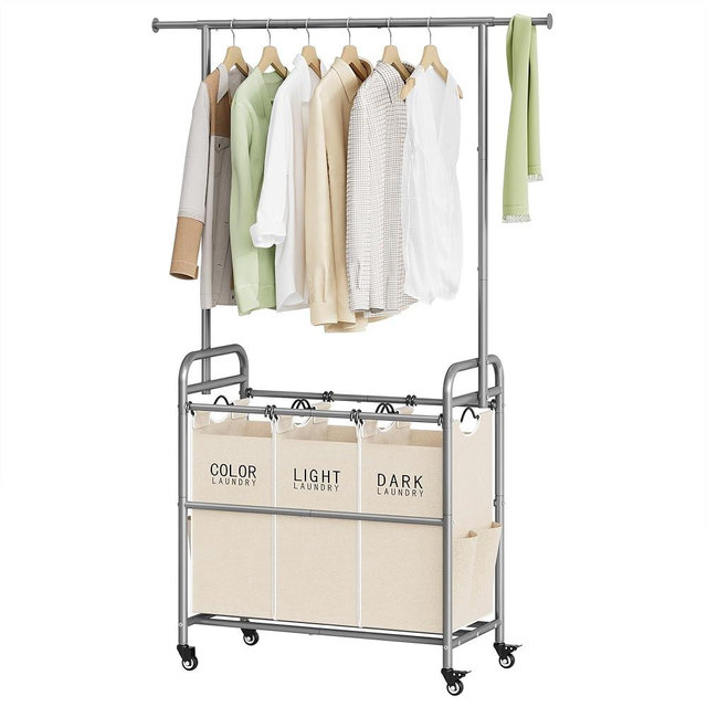 Tajsoon Laundry Hamper with Hanging Rack, 3 Section Laundry Sorter with Heavy Duty Lockable Wheels, Laundry Basket Organizer for Dirty Clothes Storage, 3 Beige