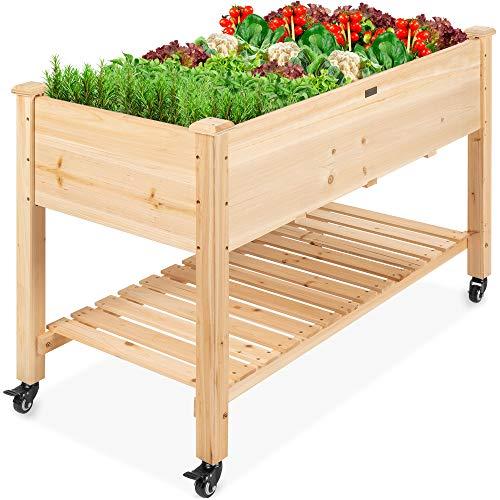 Best Choice Products Raised Garden Bed 48x24x32-inch Mobile Elevated Wood Planter w/Lockable Wheels, Storage Shelf, Protective Liner