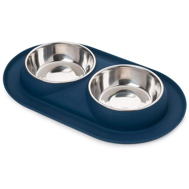 Bonza Double Dog Bowl Pet Feeding Station, Stainless Steel Water and Food Bowls with Spill and Skid Resistant Silicone Base. Feeder Solution for Small Dogs and Cats