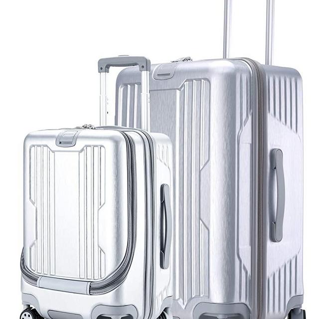 GURHODVO Front Pocket Luggage for Business - Lightweight Caryy on Rolling Laptop Suitcase Mute Multifunction Fashion (Silver, 2-piece Set)