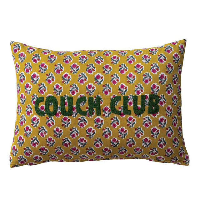Creative Co-Op Cotton Voile Printed Lumbar Pillow with Floral Pattern and “Couch Club” Embroidery, Multicolor