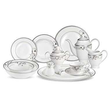 Lorenzo 57 Piece Elegant Bone China Service for 8 Viola Dinnerware Sets, Silver