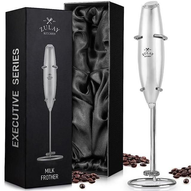 Zulay Executive Series Ultra Premium Gift Milk Frother For Coffee with Deluxe, Radiant Finish - Coffee Frother Handheld Foam Maker For Lattes - Electric Milk Frother Handheld For Coffee (Silver)