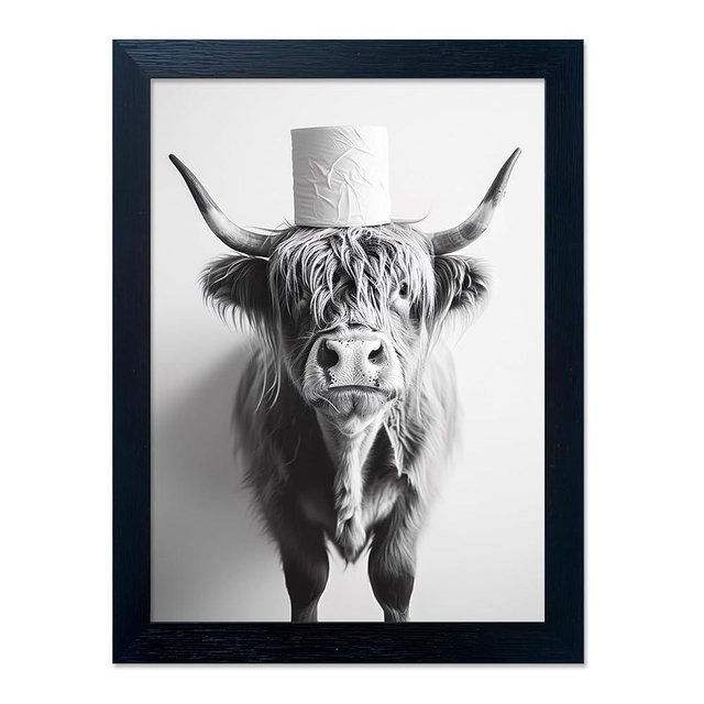 Framed Black and White Bathroom Wall Decor Highland Cow with Toilet Paper on Head Canvas Wall Art Toilet Decor Cow Pictures Wall Decor Animal Bathroom Sign Artworks for Home