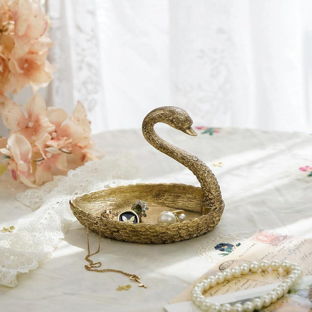 NIKKY HOME Gold Swan Ring Holder Jewelry Dish, Vintage Elegant Trinket Display Decorative Metal Tray Bowl Classy Birthday Christmas Gifts for Women