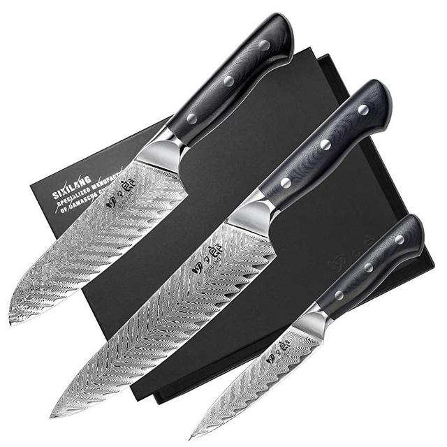 SIXILANG Damascus Kitchen Knife Set 3 Piece, 67 Layer Handmade Japanese AUS10 Steel Core Forged Chef Knife, Japanese Santoku Knife, Utility Knife, High-end Professional Kitchen Knives