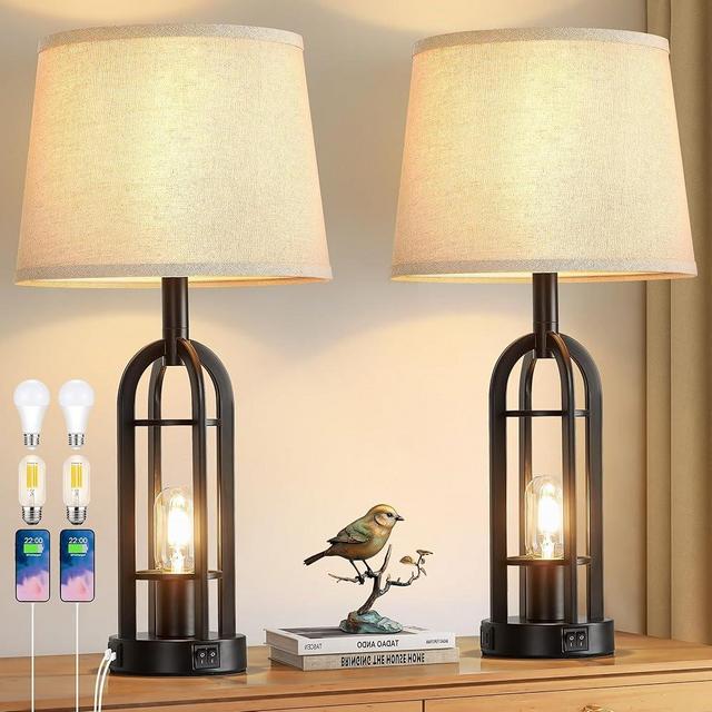 SRJJA Black Table Lamps for Living Room Set of 2 - Farmhouse Lamps for Night Stands with USB A+C, Bedside Lamps for Bedroom, 24'' Industrial Lamps for Living Room End Tables